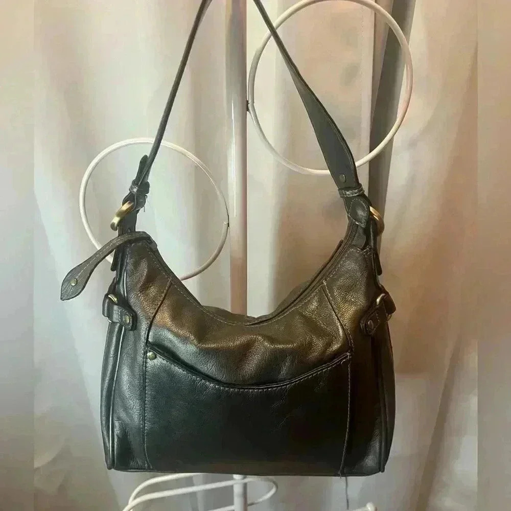Gunmetal Gray Leather Shoulder Bag